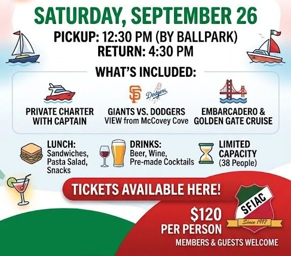 We got the boat!  Enjoy a day on the Bay.  Perfect weather, McCovey Cove, food and drink&hellip; what&rsquo;s better than that?  Sign up today on www.SFIAC.org