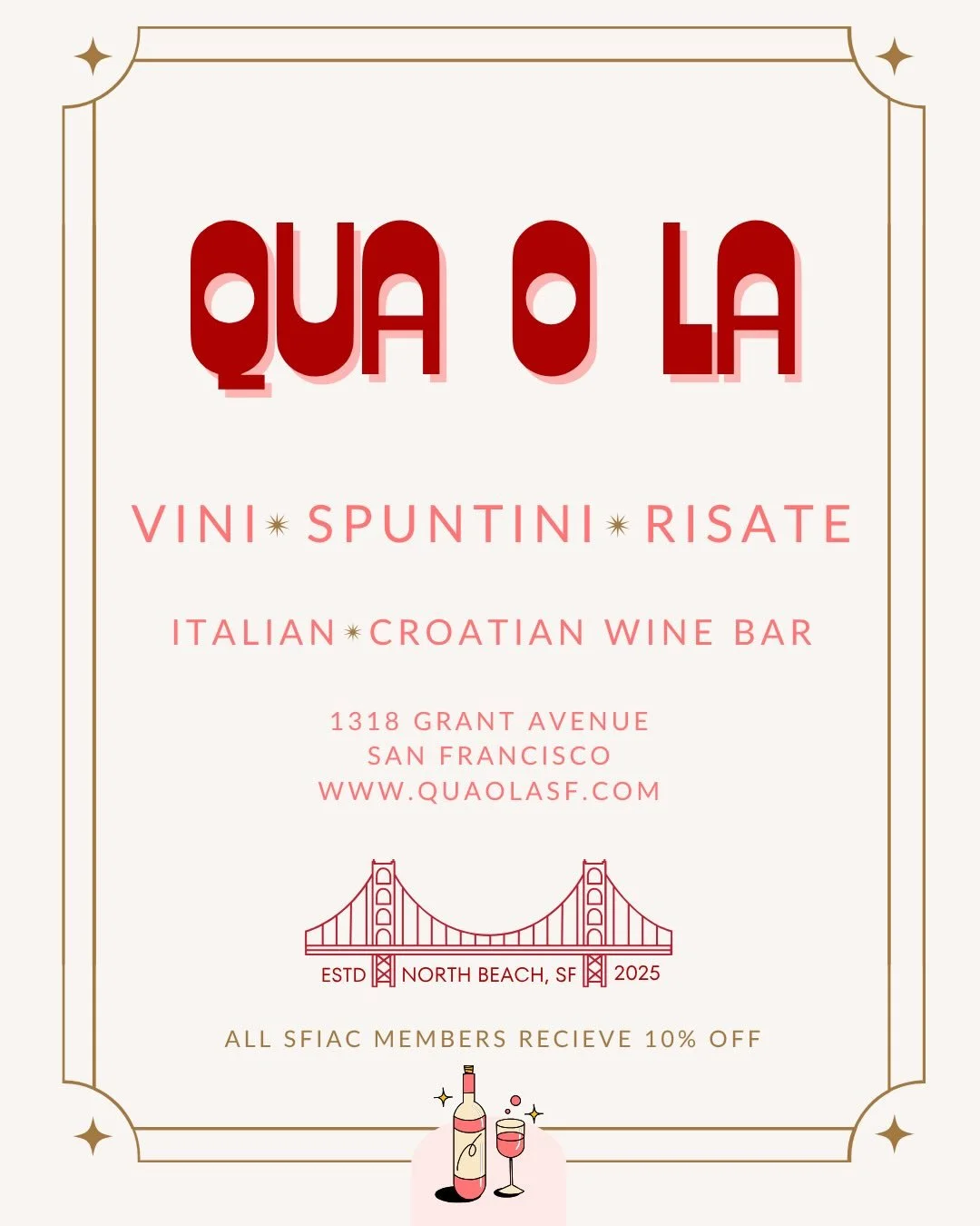 Welcome to our newest advertiser @quaolasf  Offering a discount to SFIAC members.  Just show your card.