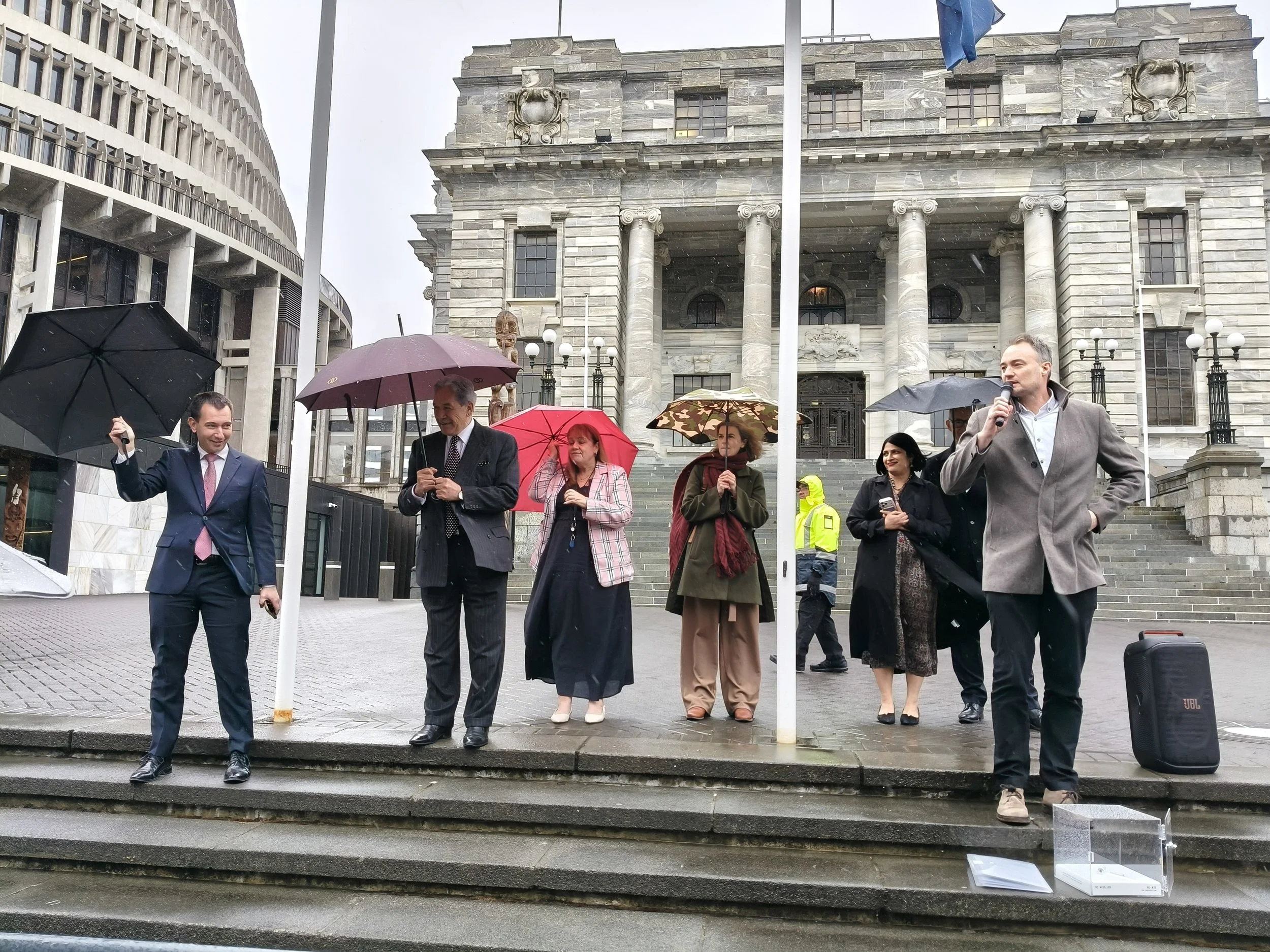 Standing on the steps of Parliament