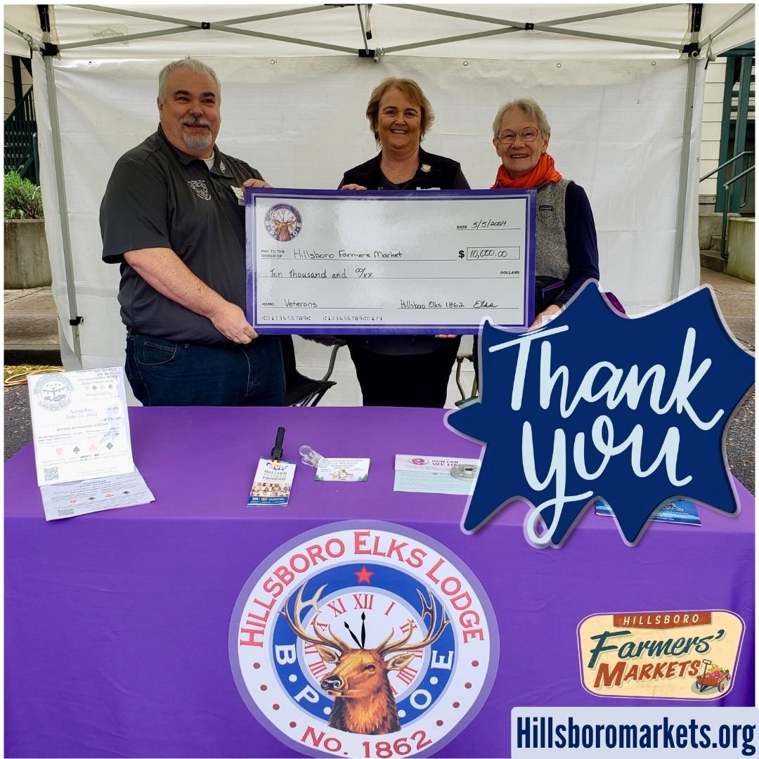 We just wanted to take this moment for a special thank you to the membership at  Hillsboro Elks Lodge 1862 for their generous sponsorship of $10k to HFM, which funds HFM's Veterans Match Program. This program allows veterans who present their militar