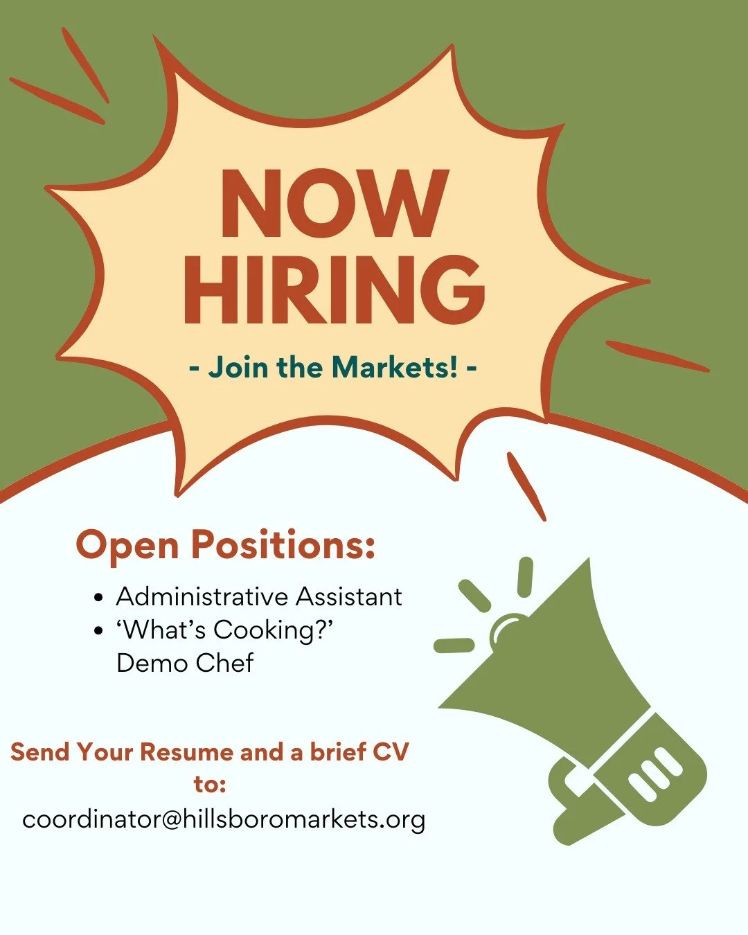 📣Now hiring!📣

We're looking to fill two positions here at the Markets! 

To apply please review the job description links in our bio and submit a resume and brief cover letter to coordinator@hillsboromarkets.org. 
Expected start date will be mid-A