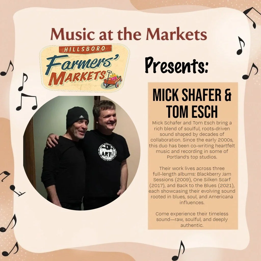 Live Music Spotlight

Mick Schafer and Tom Esch bring a rich blend of soulful, roots-driven sound shaped by decades of collaboration. Since the early 2000s, this duo has been co-writing heartfelt music and recording in some of Portland&rsquo;s top st