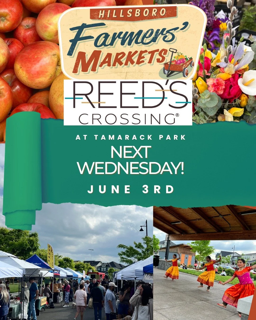 Reed&rsquo;s Crossing at Tamarack Park returns Wednesday, June 3rd, from 4:30 PM&ndash;8 PM! 

Shop fresh local produce, artisan vendors, tasty food, live performance, and more during this fun evening market in South Hillsboro. Last month was an incr