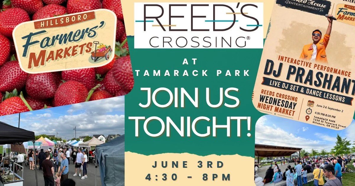 Tonight's the night!

Join us at Reed's Crossing Farmers Market at Tamarack Park from 4:30&ndash;8:00 PM for fresh local produce, sweet seasonal strawberries, local vendors, delicious food, and live music from DJ Prashant.

Don't miss your chance to 
