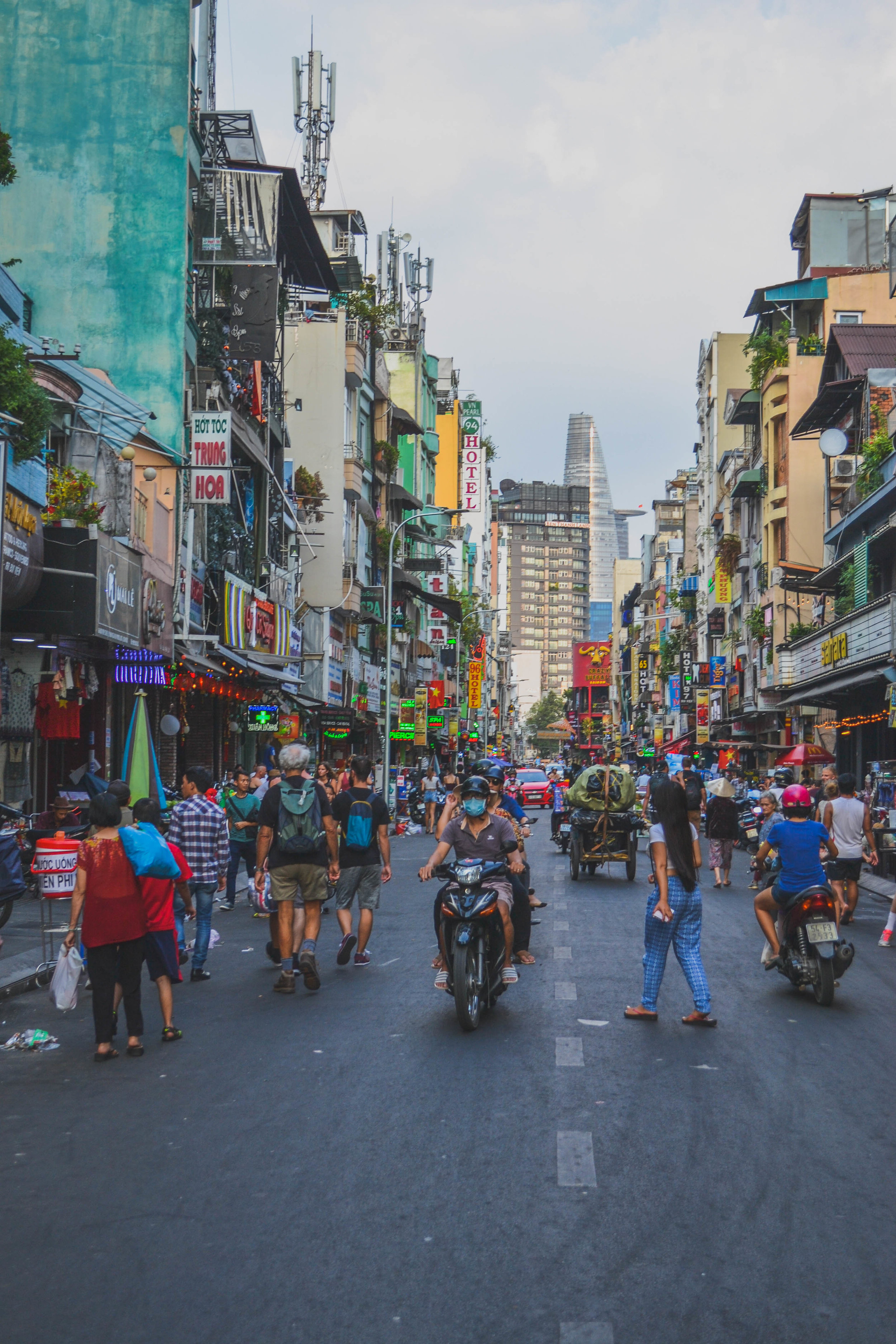 Bui Vien Walking Street with Motorbikes, Cars, and Pedestrians