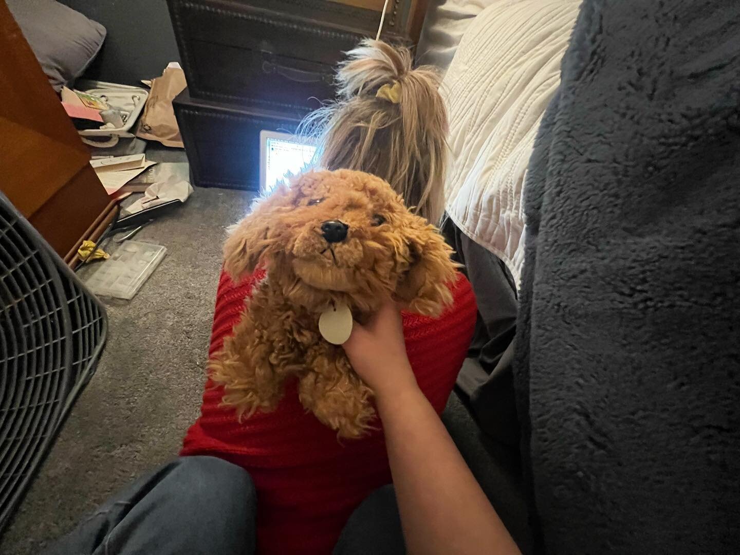 Deadline week continues. My youngest just picked up my phone and sat on my back to take this picture of her stuffed animal on me while I edit and write on the floor of my bedroom next to a pile of garbage and fake fingernails in the same red sweater 