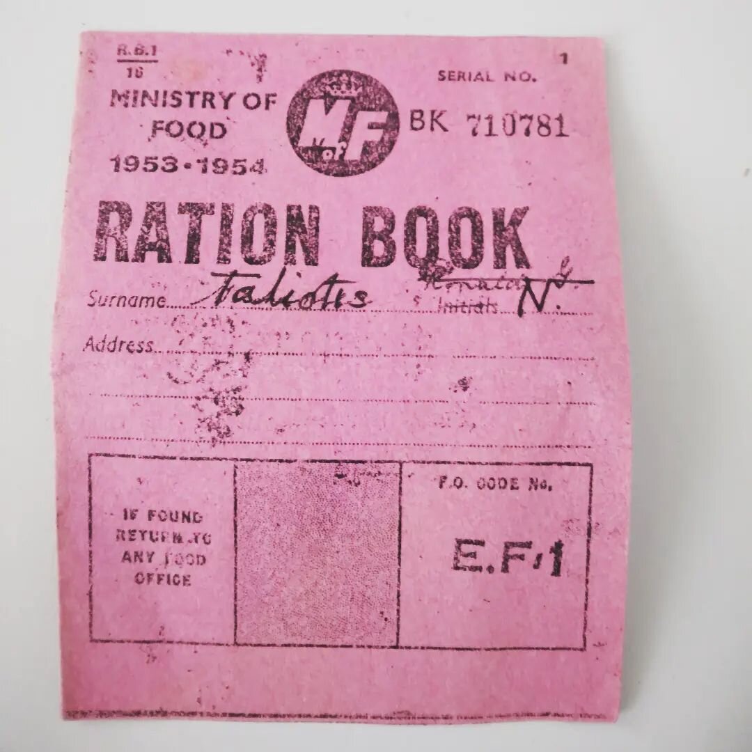 Well this was a surprising find at my parents' house this evening. A ration book from 1953/4 that belonged to my dad. Intriguing too - my dad was still in Cyprus at this time (aged about 13) so I guess that means British administered rationing was in