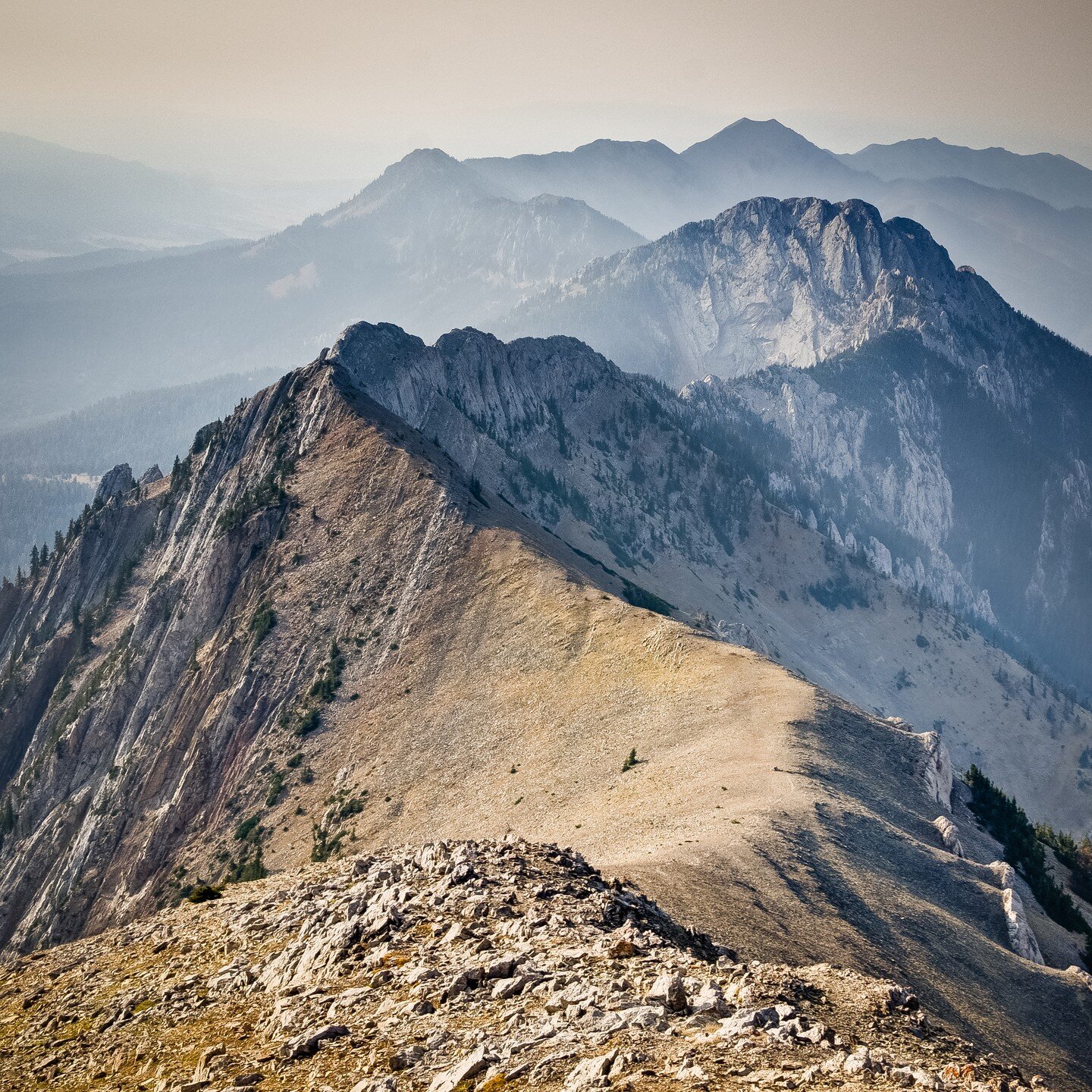 Bridger Ridge as seen from the top of Naya Nuki Peak. Taken in 2013 during a Bridger Ridge hike from Fairy Lake back to the &quot;M&quot; parking lot. 

Over the years, this has definitely been one of my most popular photos. It's been used on the Big