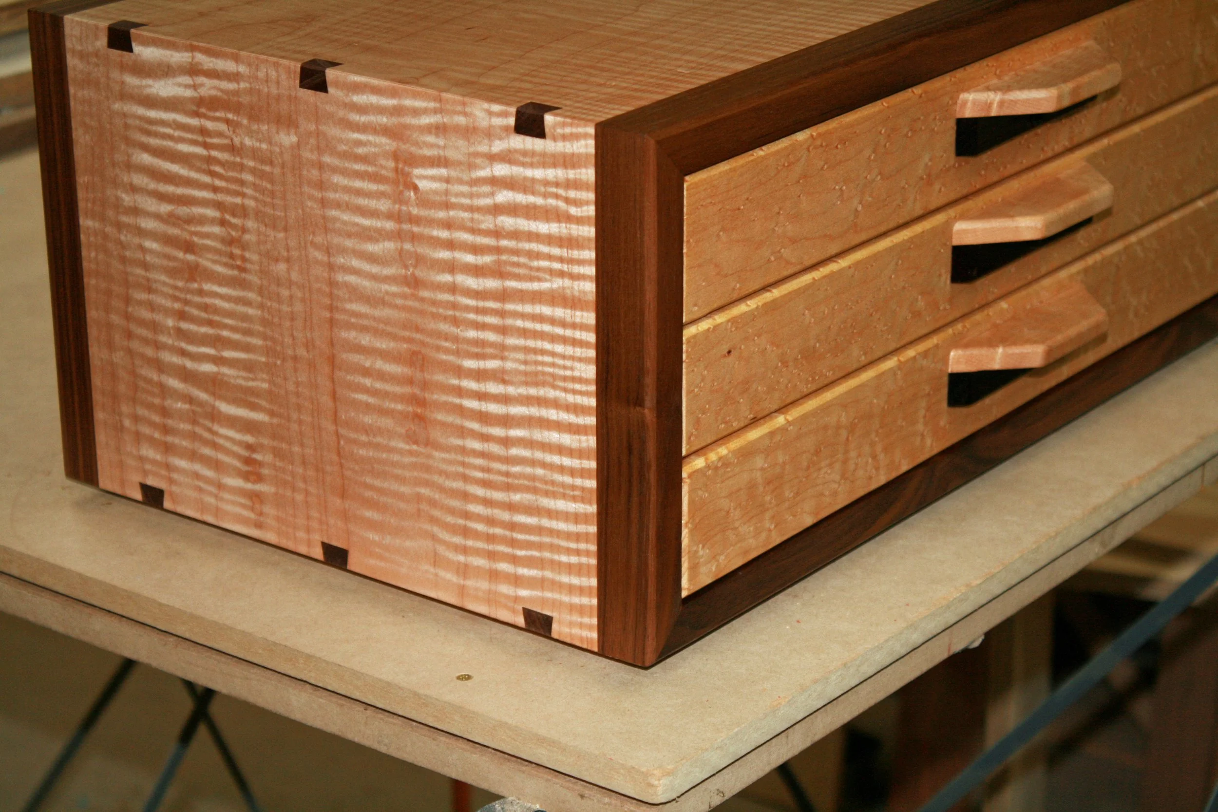 Curly Maple and Walnut Drawered case