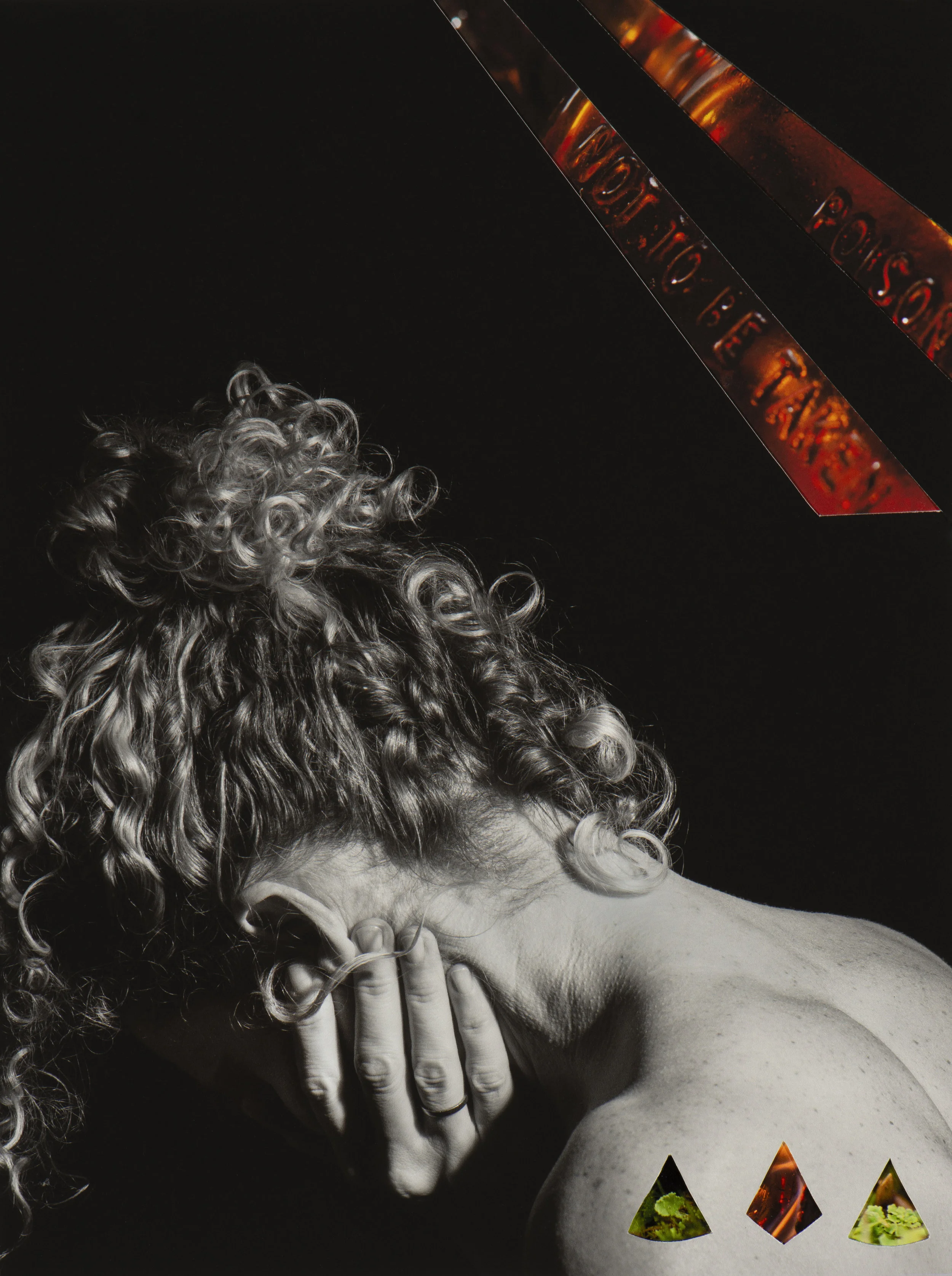 Black and white photograph of a woman with curly hair, covering her face with her hand, with colorful geometric shapes above and below her in a dark background.