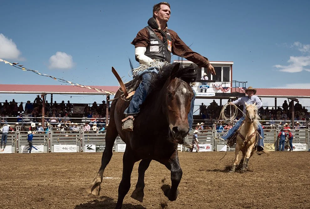 Rodeo cowboy riding a bucking horse in a rodeo arena with spectators in the background under a blue sky.
