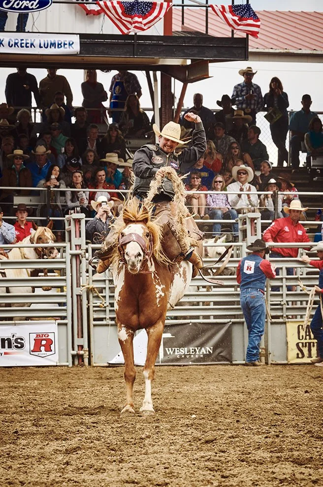 A cowboy in a black jacket and a cowboy hat riding a bucking horse in an arena with a crowd of spectators in the background.
