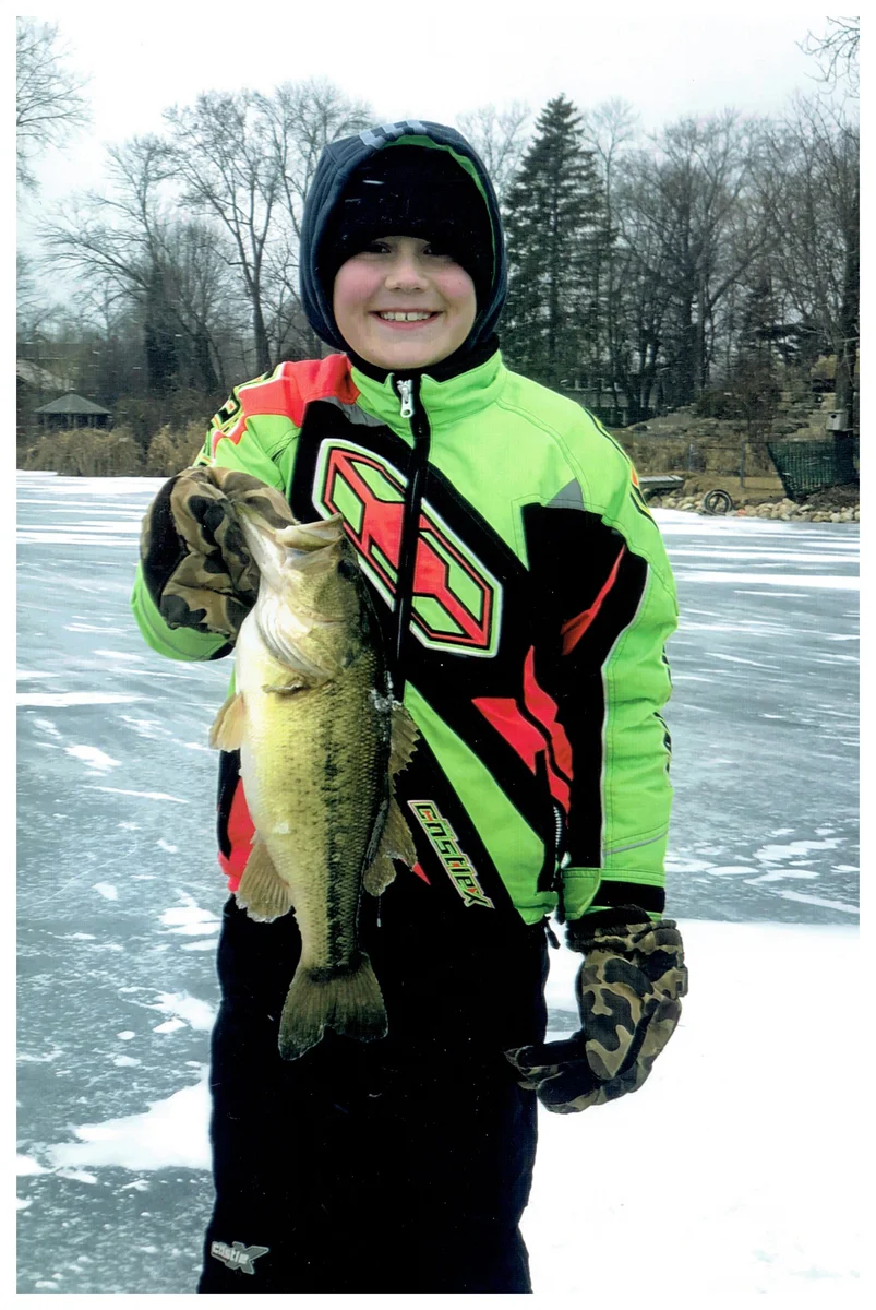 Youth Winner: Nathan Rund; Waterford, WI - 20” Largemouth Bass on Big Muskego Lake using a tip-up w/ shiner