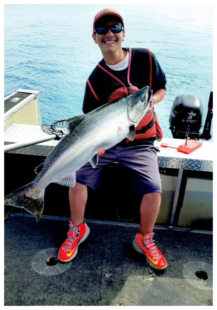 Youth Winner: Anthony Arends; Milwaukee, WI - 38” 25lbs Chinook Salmon on Lake Michigan (Port Washington) using a coho rig