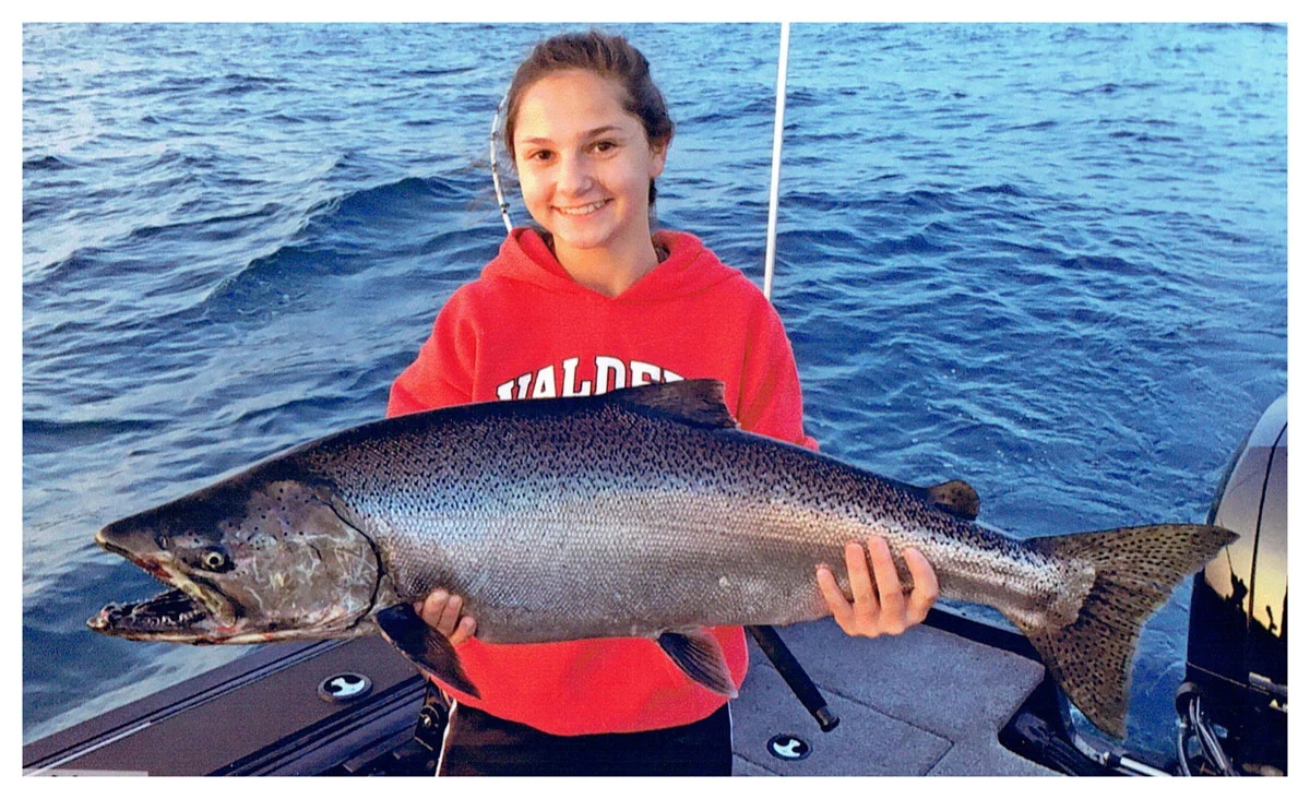 Youth Winner: Gwynn Manteufel; West Bend, WI - 38” King Salmon on Lake Michigan using a Blue and Silver J-Plug
