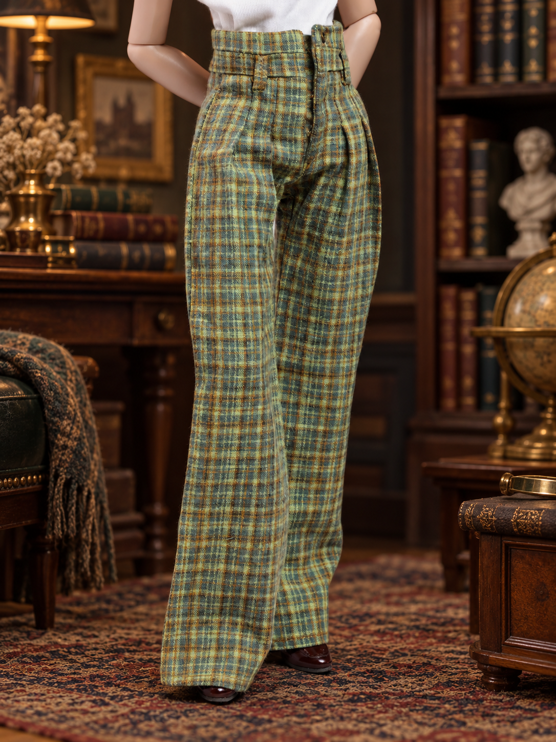 The Bookworm Plaid – Green High-Waisted Trousers