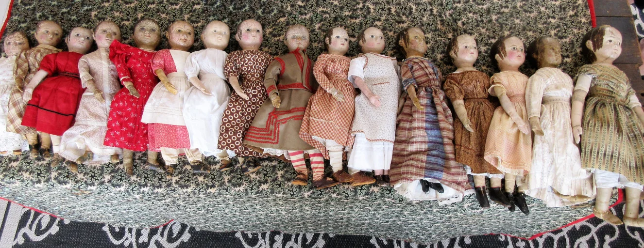 Some of the antique Izannah Walker dolls that appeared in the October 2017 special exhibit that I curated for the Jenny Lind Doll Show. Arranged by height, from 14 to 22.5 inches.