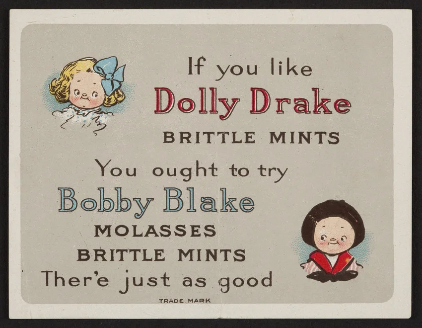 Trade card for Dolly Drake and Bobby Blake Brittle Mints, location unknown, undated, via Historic New England