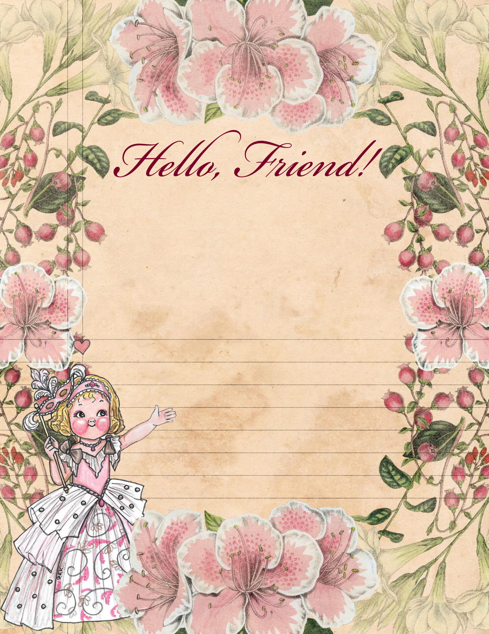 "Hello, Friend!" Dolly Dingle Beautiful Princess Stationery Paper {FREE DIGITAL DOWNLOAD}