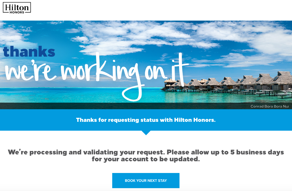 I just matched my Marriott Rewards Platinum Premier Elite status with Hilton Honors