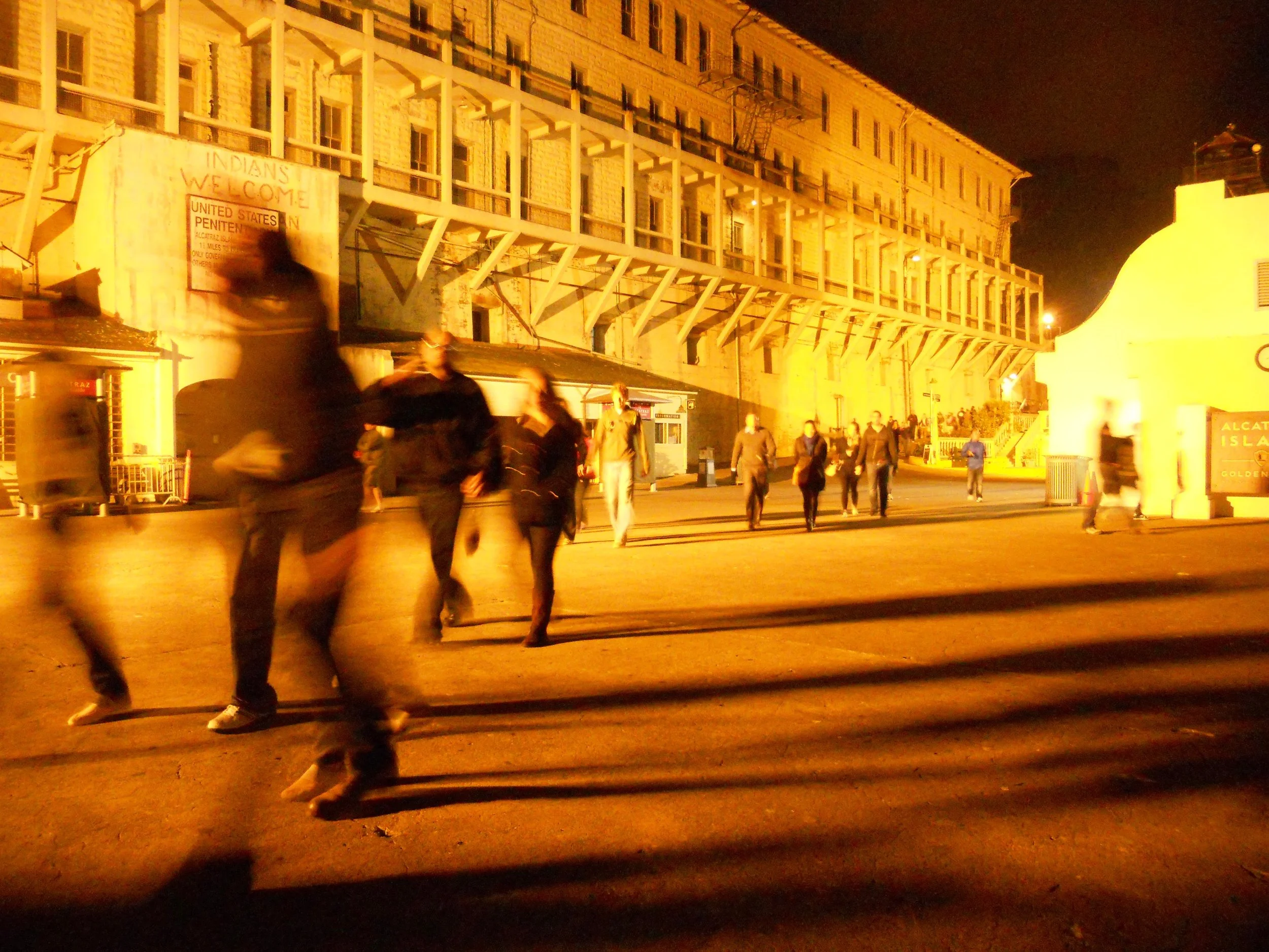 The main building lit up after the night tour of Alcatraz Island