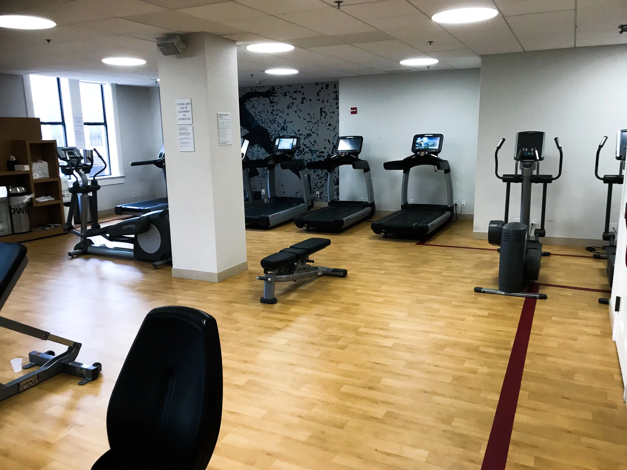 The gym had several treadmills, stationary bikes, and other workout equipment.