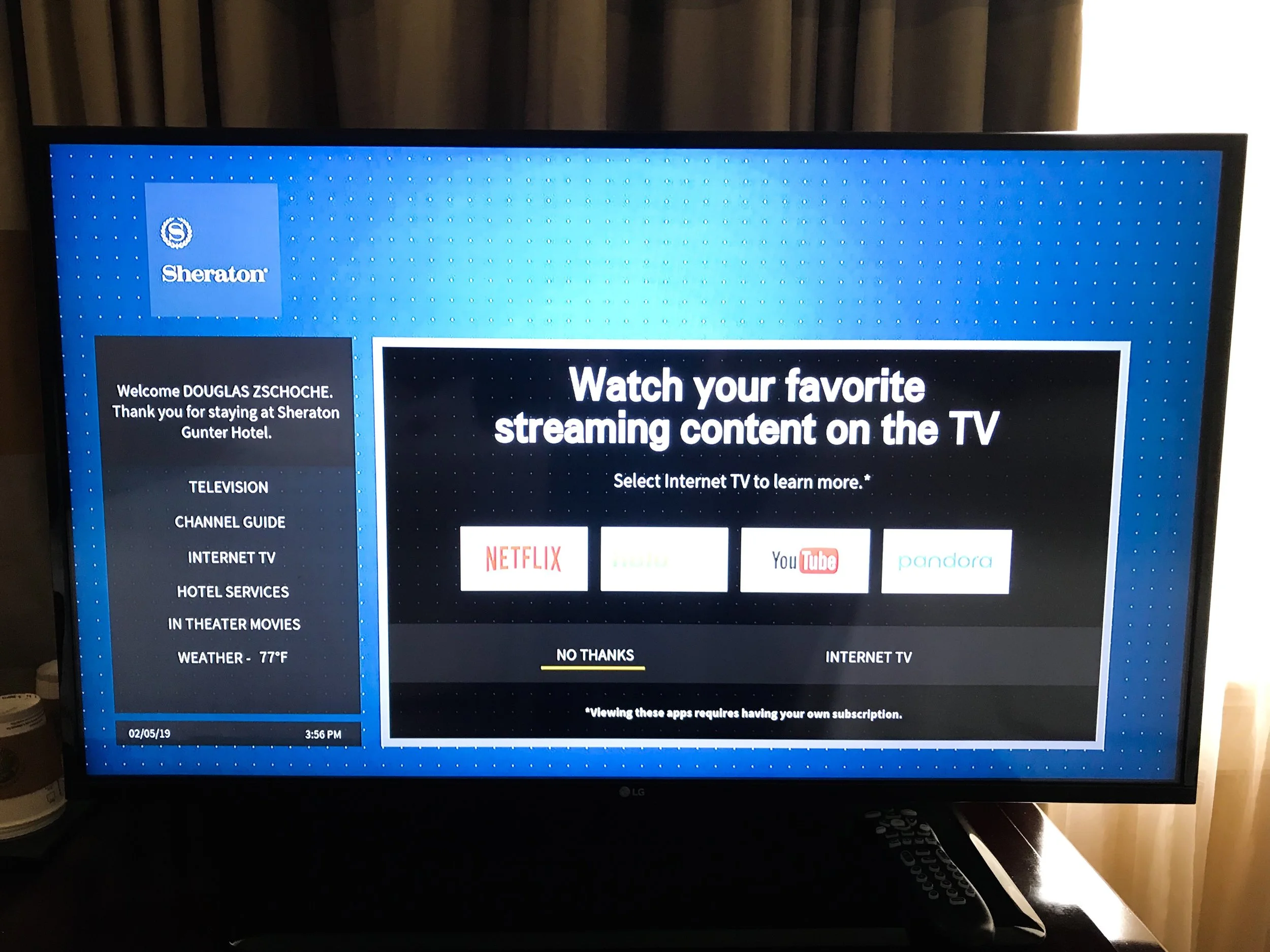 The TV was on when a personalized welcome message when I arrived.