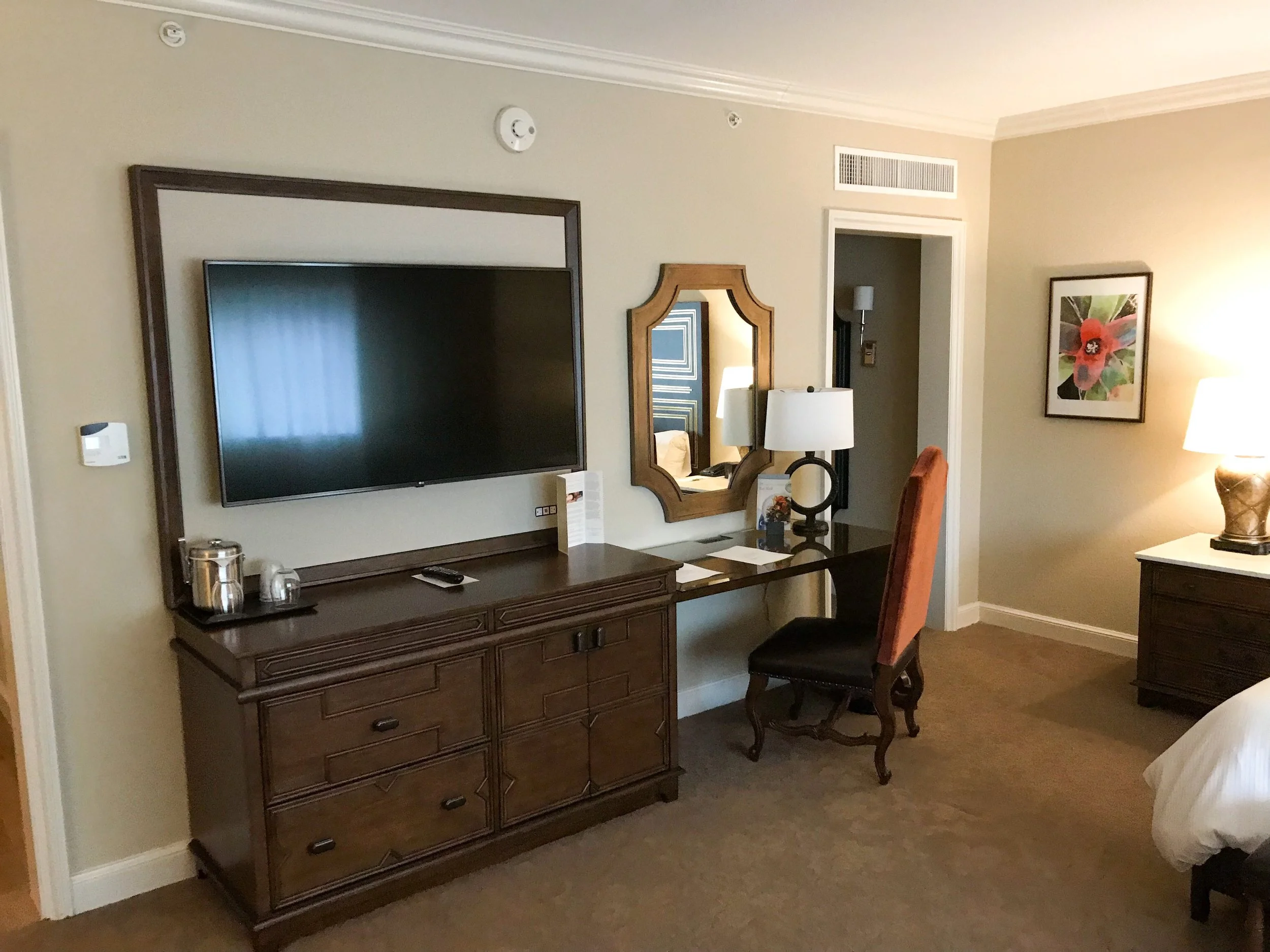 Large TV and desk.