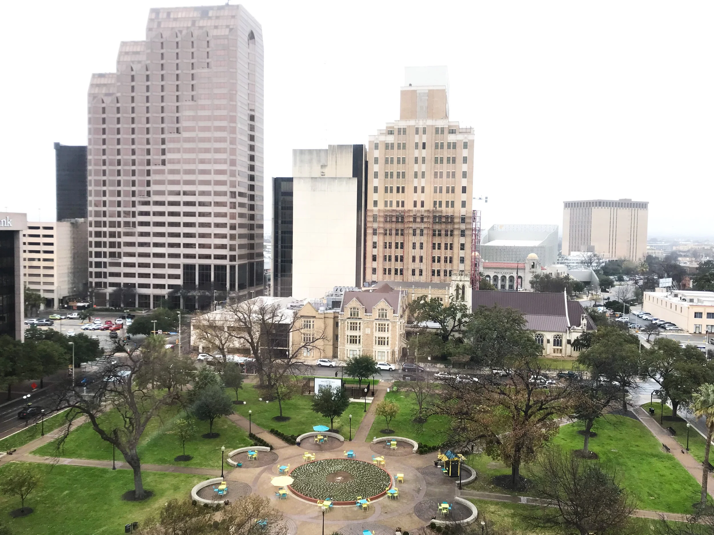 The view of Downtown San Antonio and Travis park from the hotel.