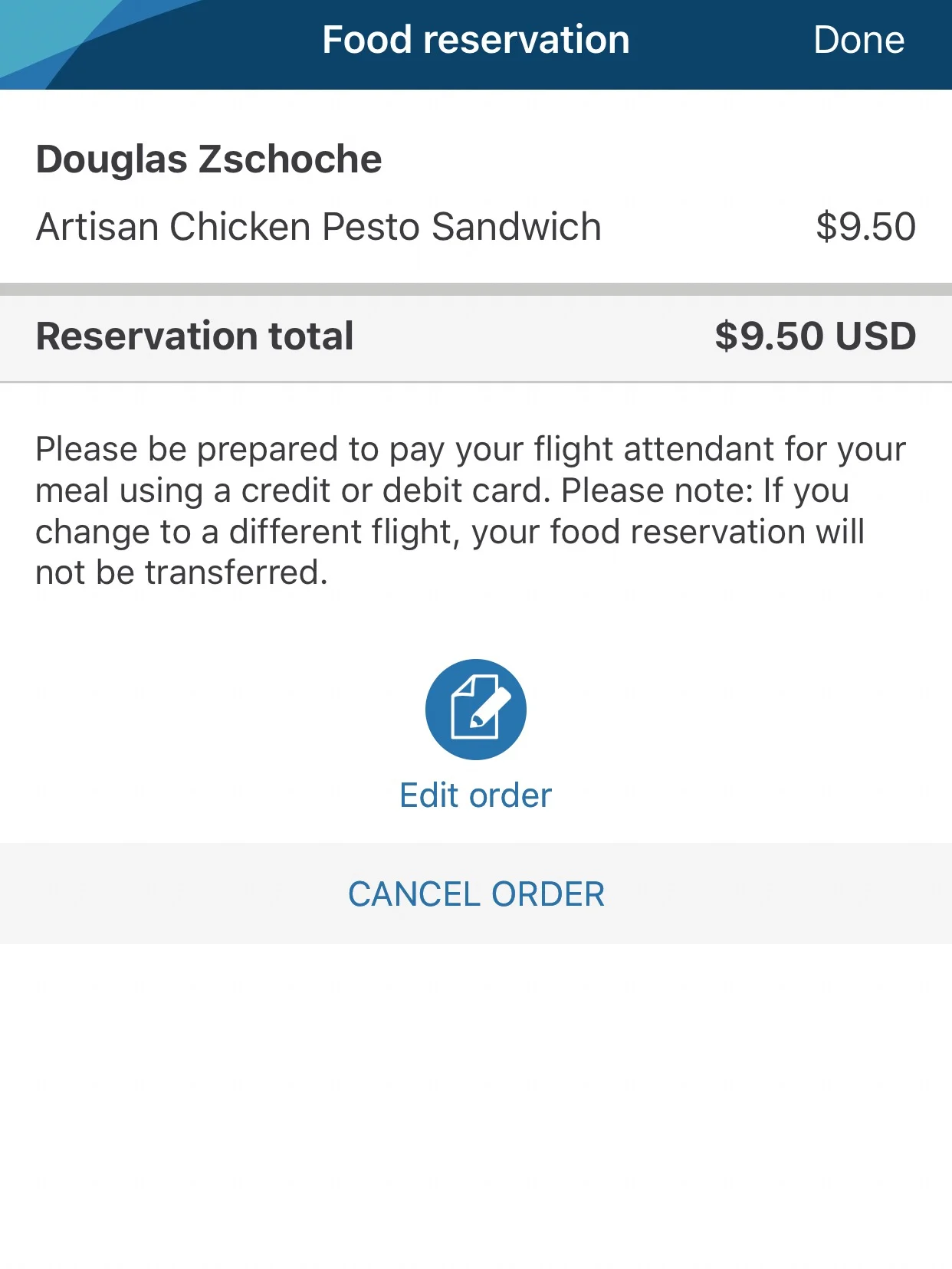 You don’t have to pay for the meal at the time of the request - you pay when you receive the food onboard. You’re also not obligated to follow through with the purchase. The flight attendant knew I had ordered food when he arrived at my seat and asked me if I was still interested in what I had preordered.