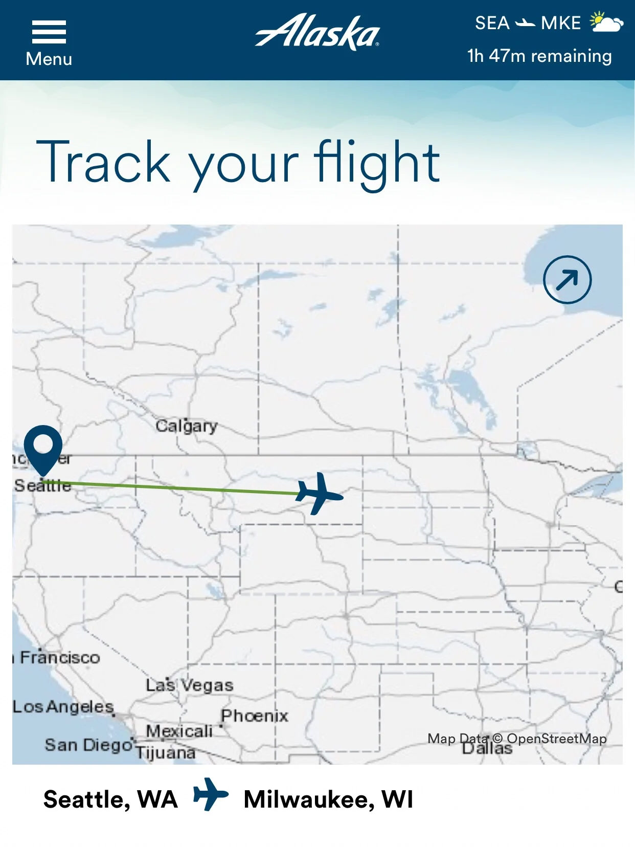 Because there are no IFE screens you can’t have the moving map up during the flight, but you can track your status by going to Alaska’s website (free access, even if you didn’t pay for the internet).