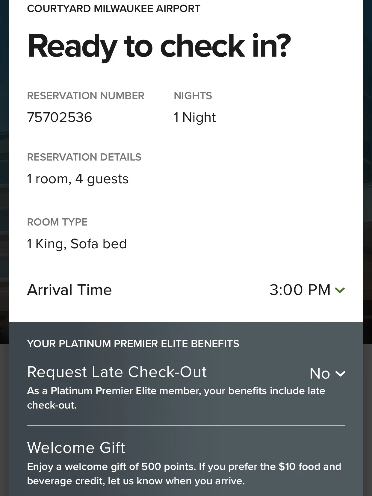 All guests can select an arrival time, and certain Bonvoy Elite tiers are entitled to guaranteed late check-out (I checked in the day before Platinum Premier Elite became Titanium Elite).