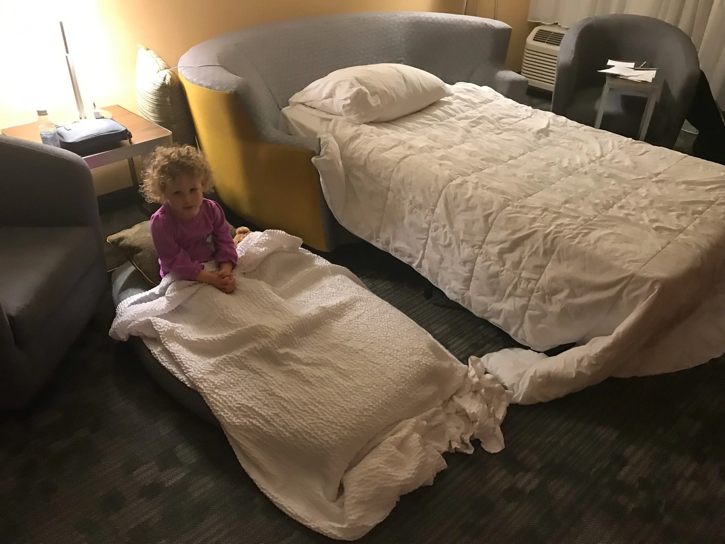 The pullout bed was only a twin, so unless you have a small guest (such as a three-year-old), don’t expect to sleep four people in the room.