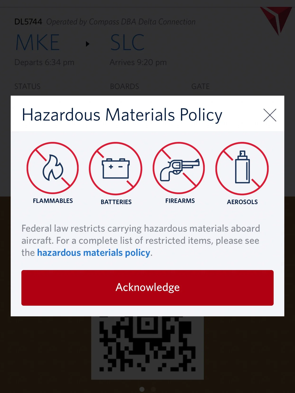 The Hazardous Materials Policy acknowledgement screen on the Delta App.