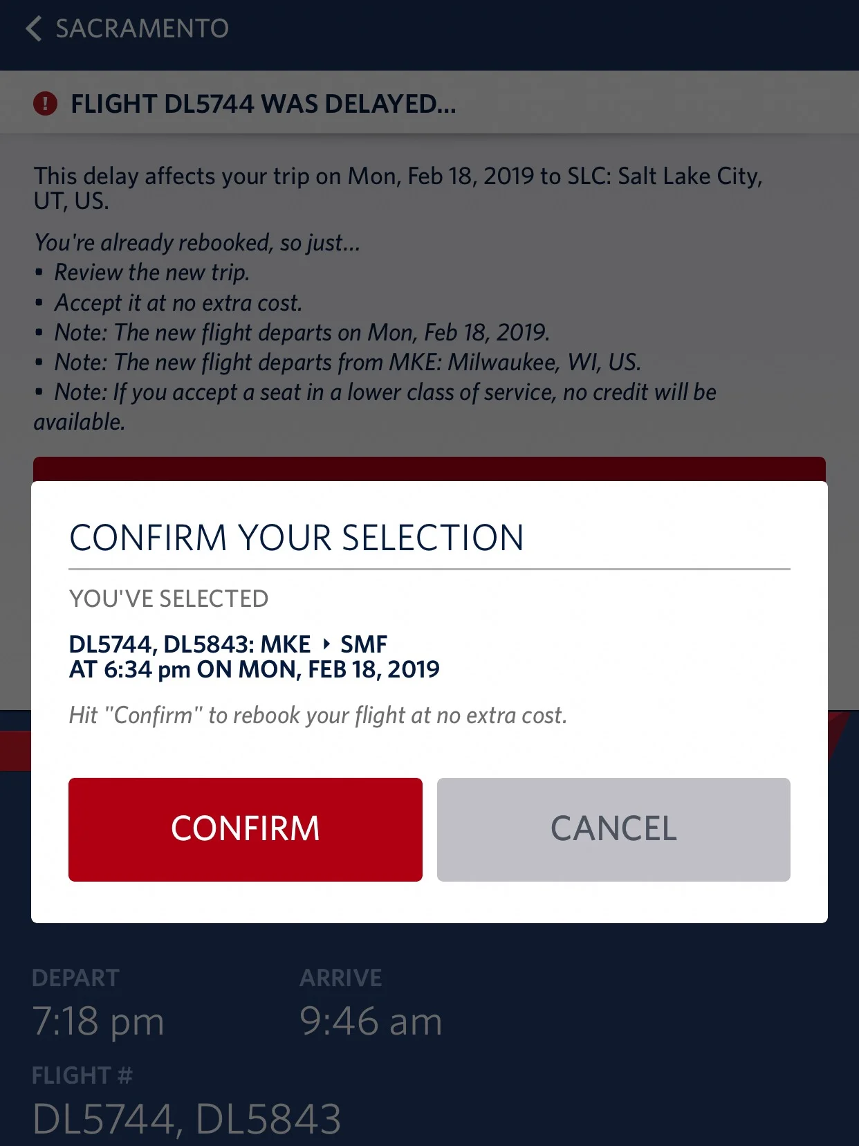 Once you select your new flight, you’re asked to confirm your option before you’re rebooked.