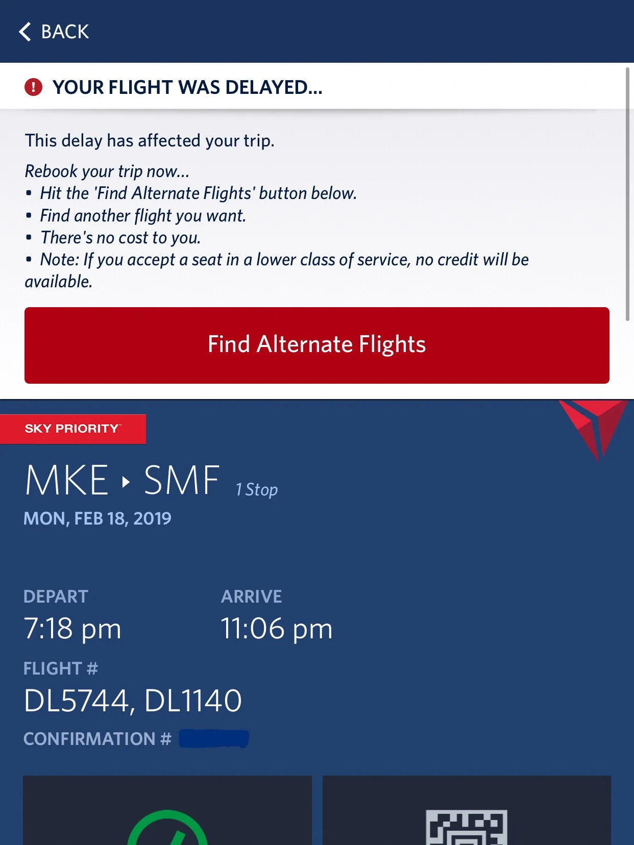 If you have a delayed flight, Delta gives you the option of selecting an alternate flight at no additional cost. There are typically several options available, though it might be the following day or include multiple layovers.