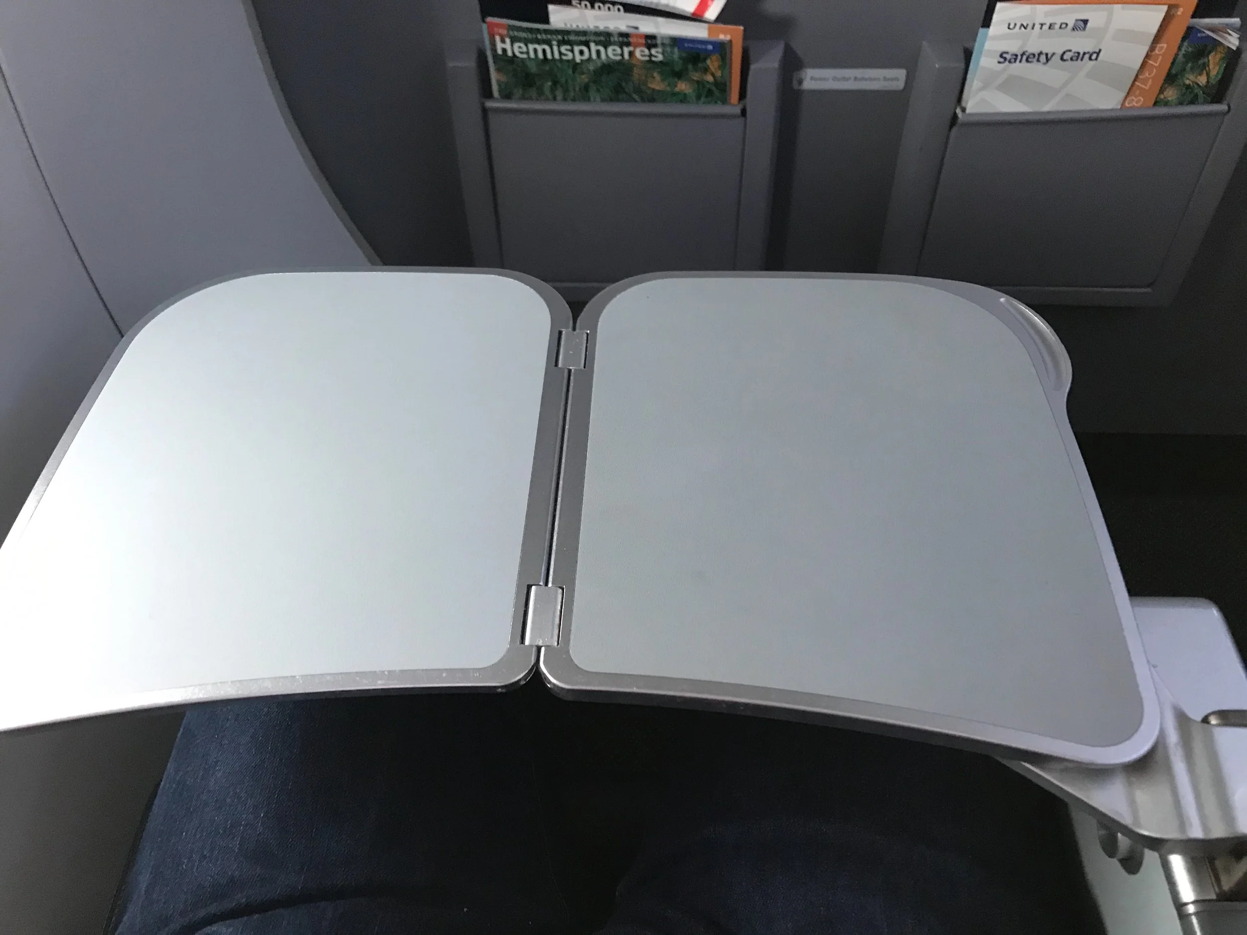 The tray table in Row 7 (seats D, E, and F) and Row 8 (seats A, B, and C) folds out of the the armrest, making the armrest immovable.