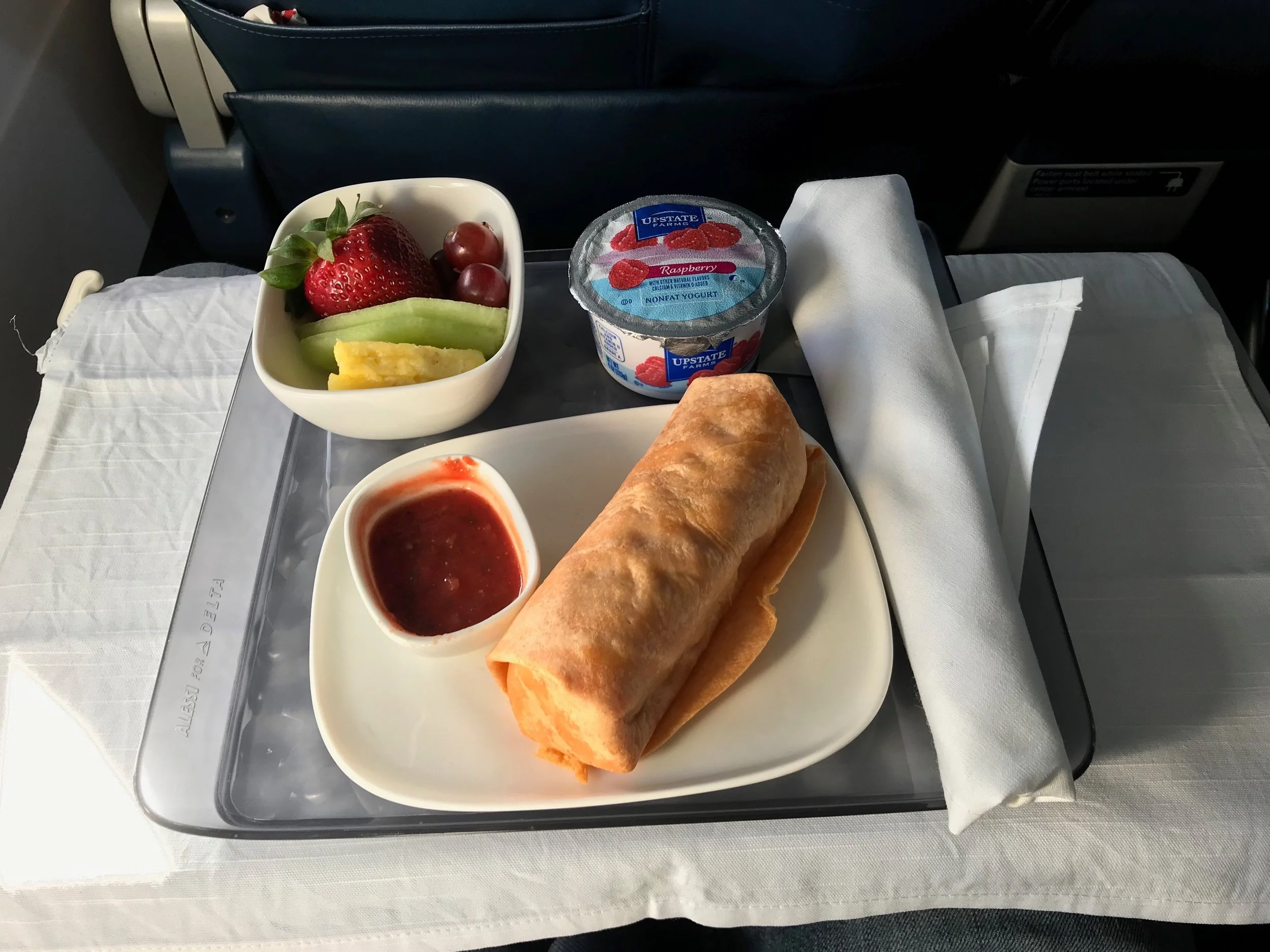 An example of a recent plated entrée in Domestic First Class on Delta.