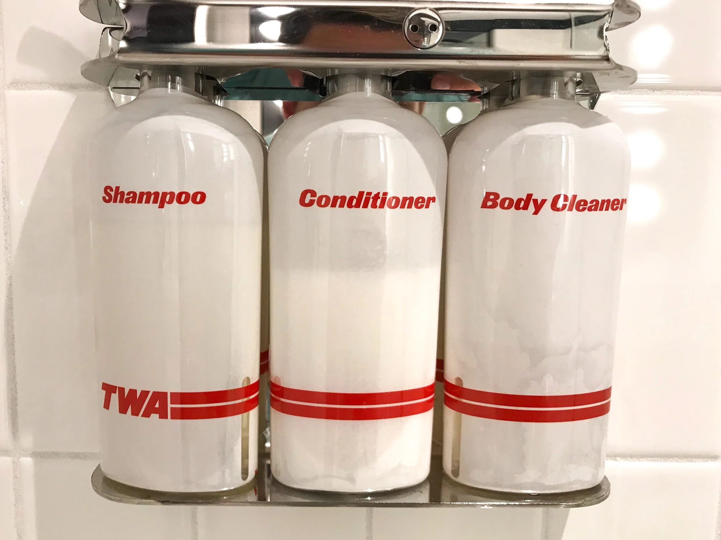 Even the toiletries in the shower feature the TWA logo.