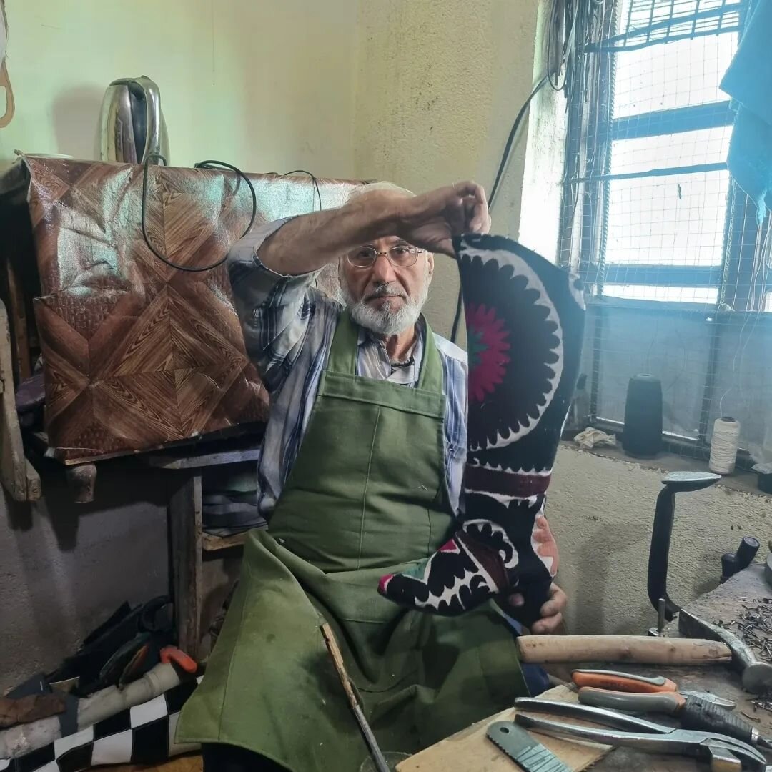 Meet Abdurazor, a master shoemaker with 40 years of experience in crafting footwear for the theater. We collaborated in Dushanbe to create unique 70's inspired boots, skillfully crafted and Suzani embroidered.