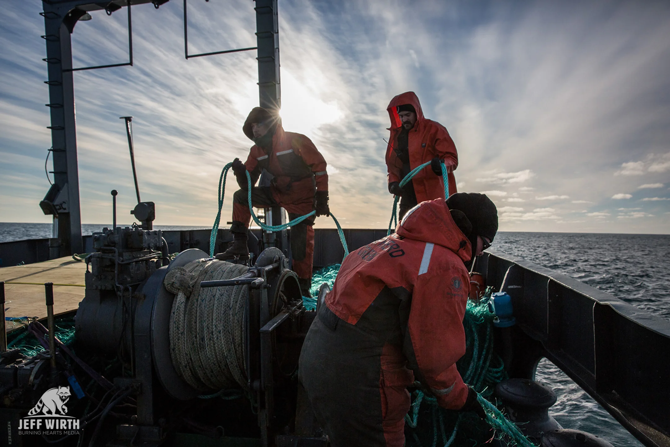 Sea Shepherd crew retrieve illegal gill-net from the poaching vessel Thunder in Antarctica.