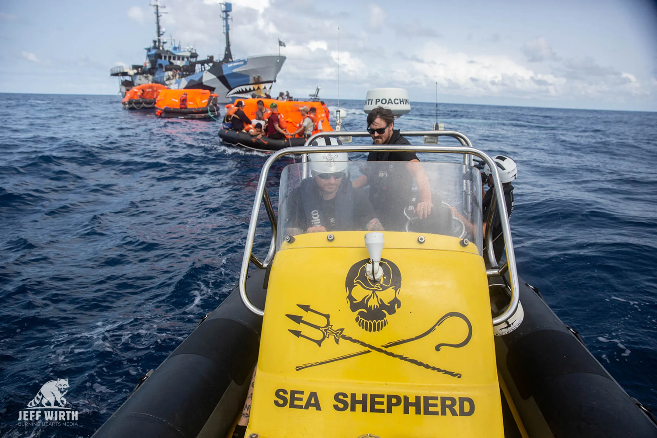 Sea Shepherd crew tow life rafts containing the crew of the Thunder after their vessel is deliberately sunk to get rid of evidence.
