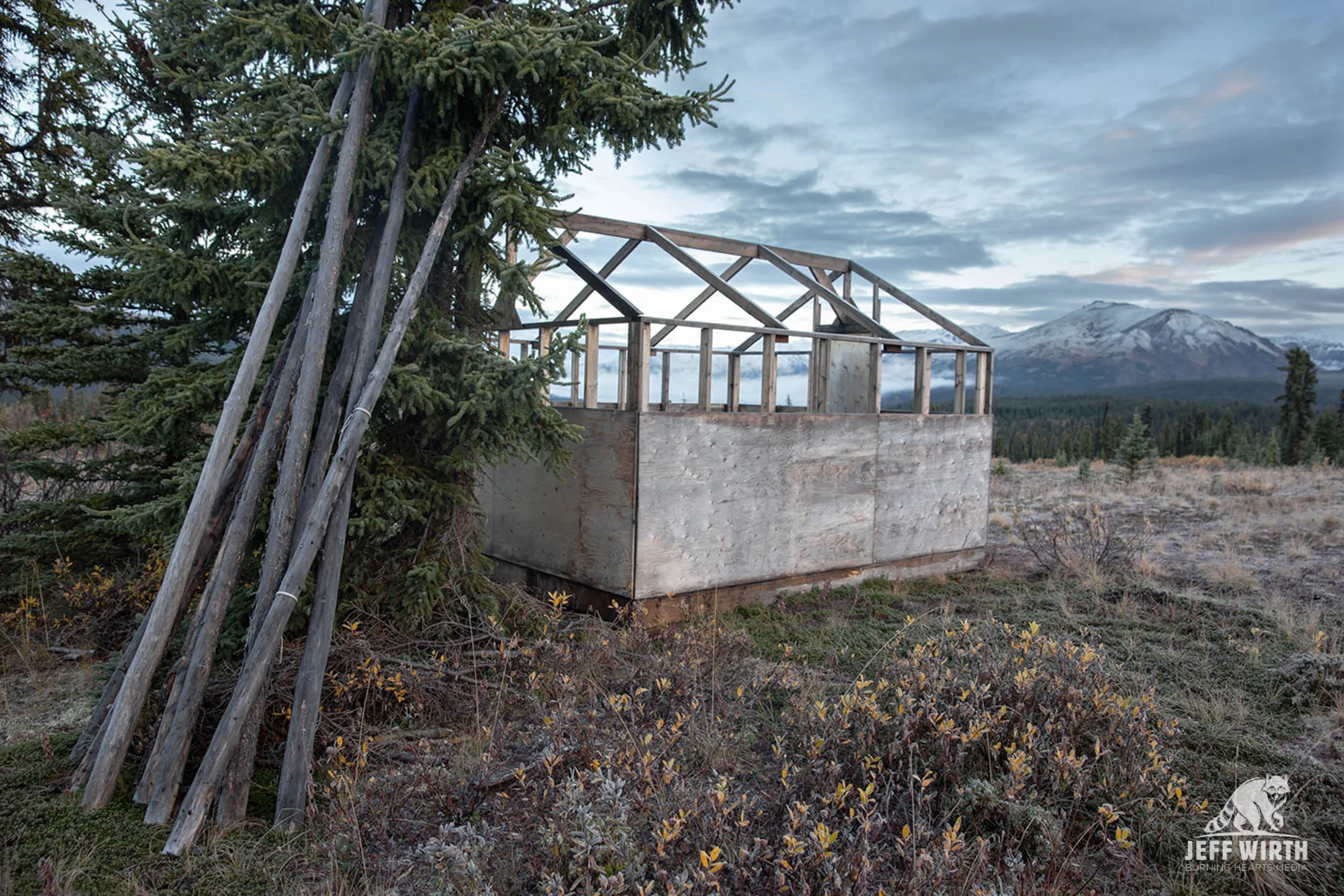 An undressed wall tent used by the Tahltan people at the resistance camp known as ‘Beauty Camp’. Sacred Headwaters, BC. Canada.