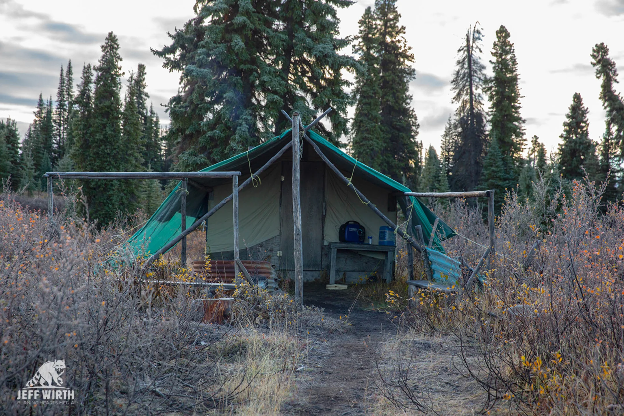 A wall tent used by the Tahltan people at the resistance camp known as ‘Beauty Camp’. Sacred Headwaters, BC. Canada.