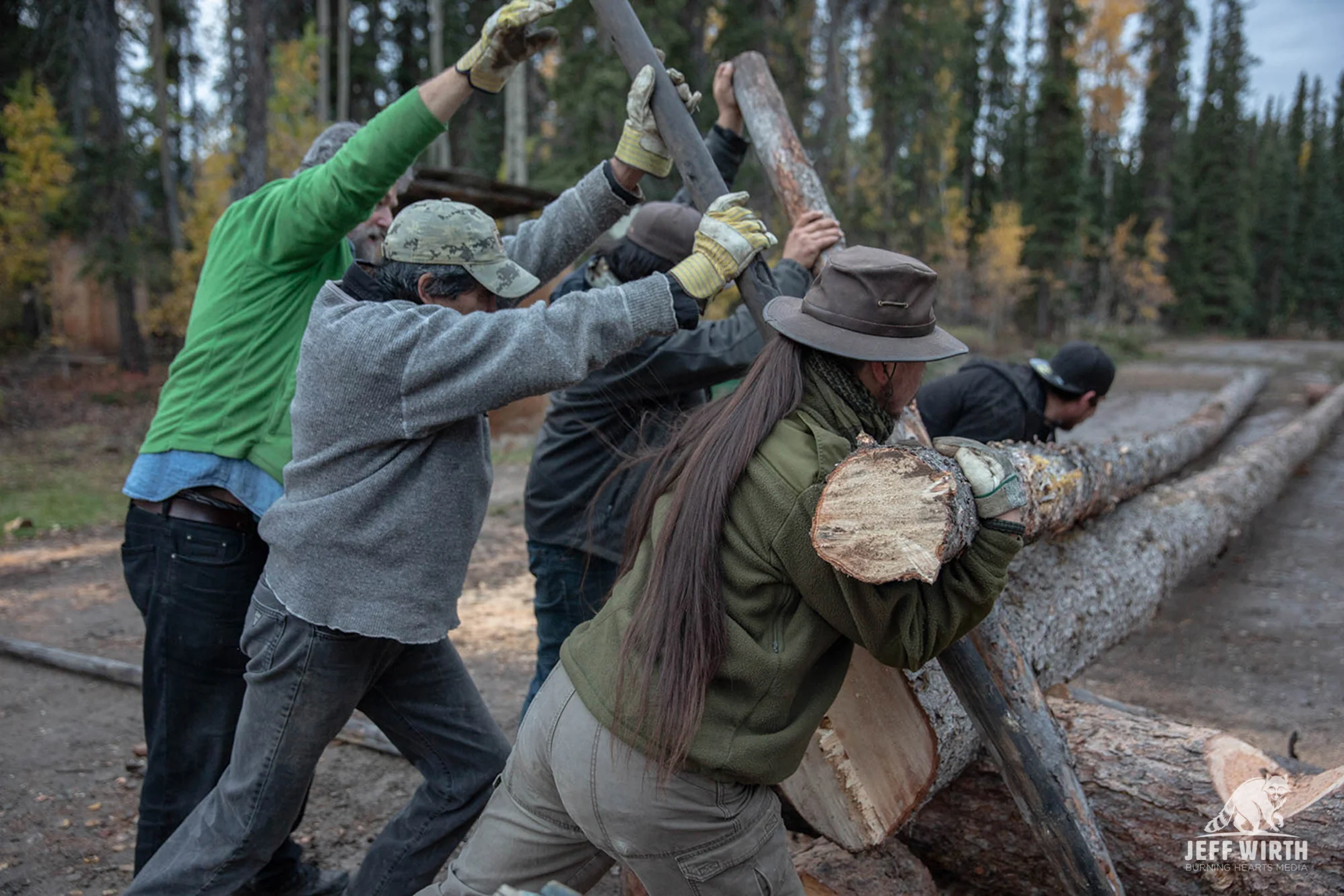 A few Klabona Keepers create road obstructions to add to wildlife hunting blockade. Sacred Headwaters, BC, Canada.