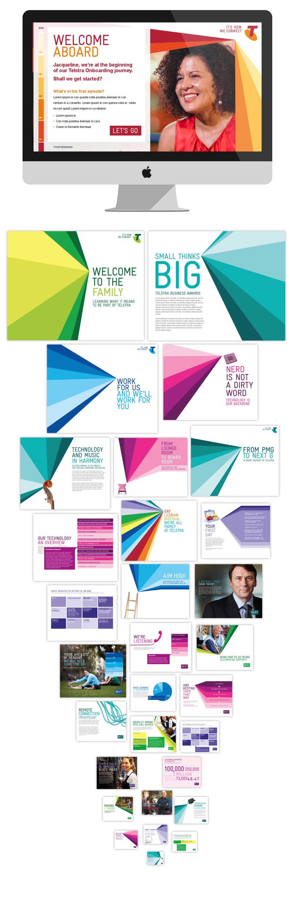 Telstra ’s onboarding intranet portal. A requirement for all new Telstra employees, the onboarding process consists of more than 400 individual web pages broken down into five, easily digestible chapters