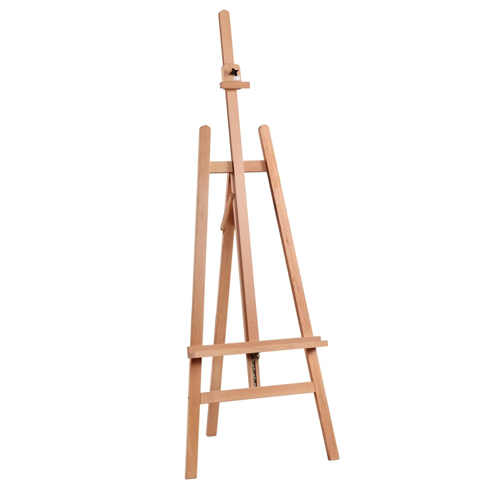 WORKSHOP EASEL 4BE336423 • Size: 57x88x175(234)cm. • A frame style. • Beechwood. • Varnished. • Max. canvas to 130cm. • Adjustable canvas support with ratchet control. • Anti-vibration inner spring. • Sliding canvas holder. • Assembly required.
