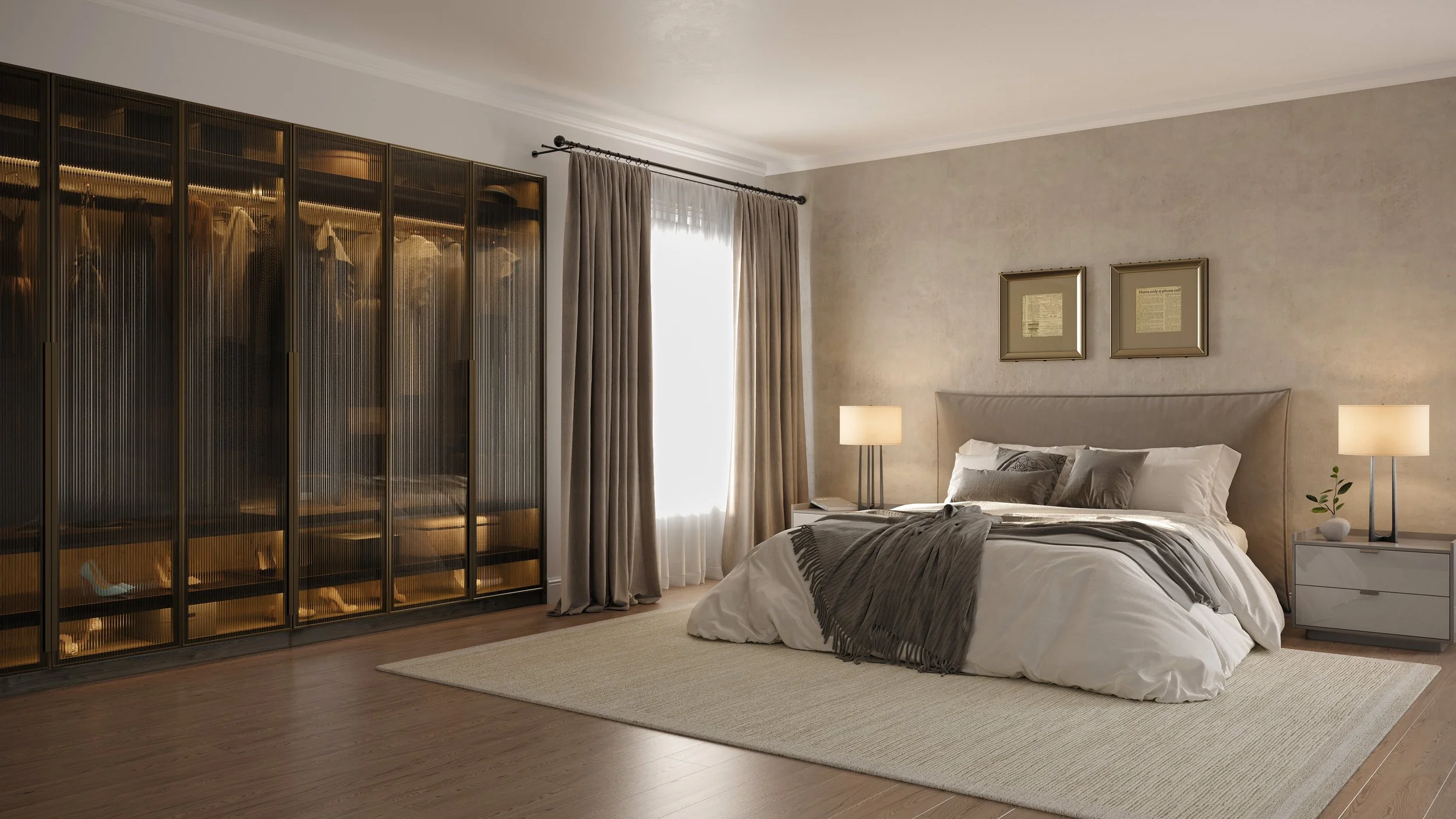 Vitro Brass Fliuted Glass Fitted Wardrobe in Stunning Bedroom with Polished Plaster Feature Wall.jpg