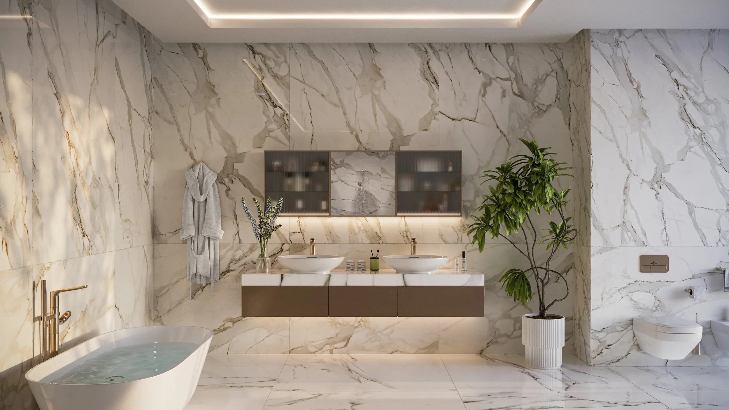 Vitro Fluted Glass and Mirror Triple Floating Vanity Units in Marble Bathroom.jpg