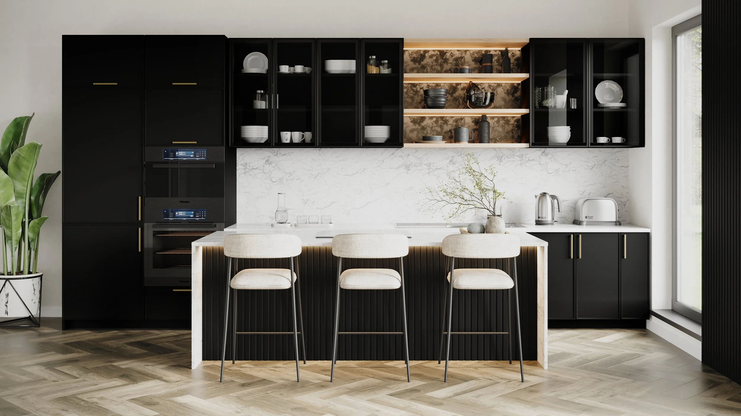 Vitro Satin Black Grey Tint Glass Kitchen Doors in Black Skinny Shasler Kitchen with Distressed Oak Herringbone Floor.jpg